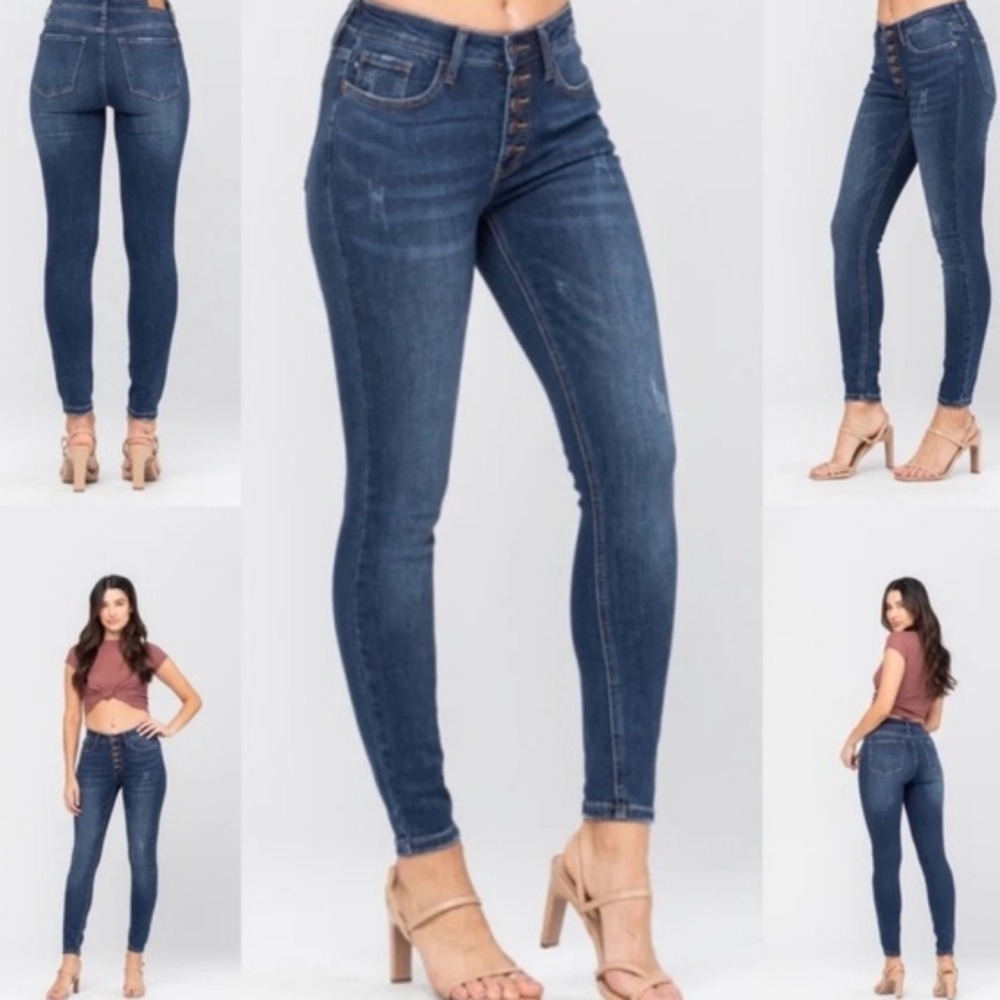 Judy Blue Super Dark Wash High Waist 5‎ Button Distressed Jeans Plus Size 24W